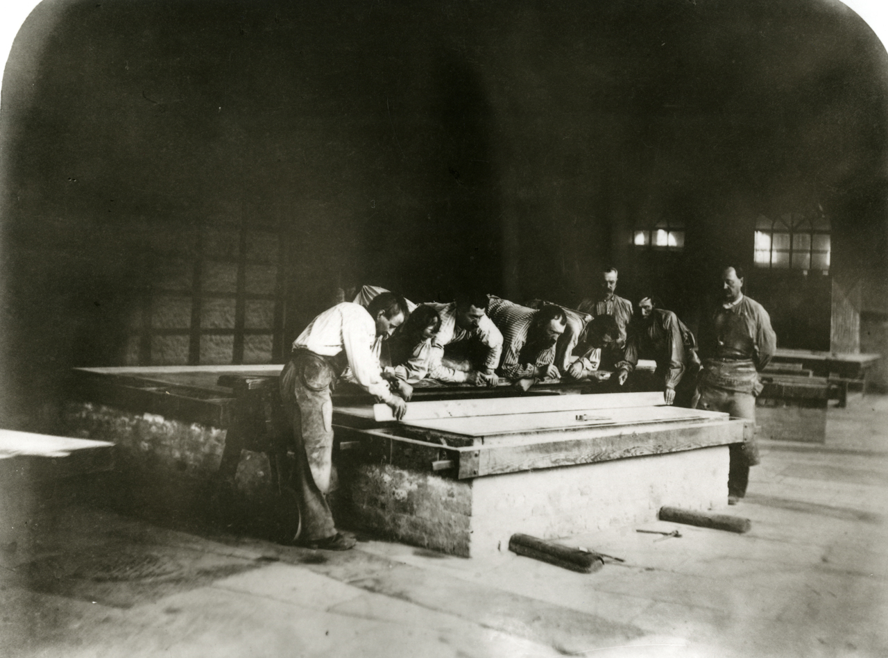 Découpe de la glace à la glacerie de Mannheim-Walhof, milieu du XIXe siècle