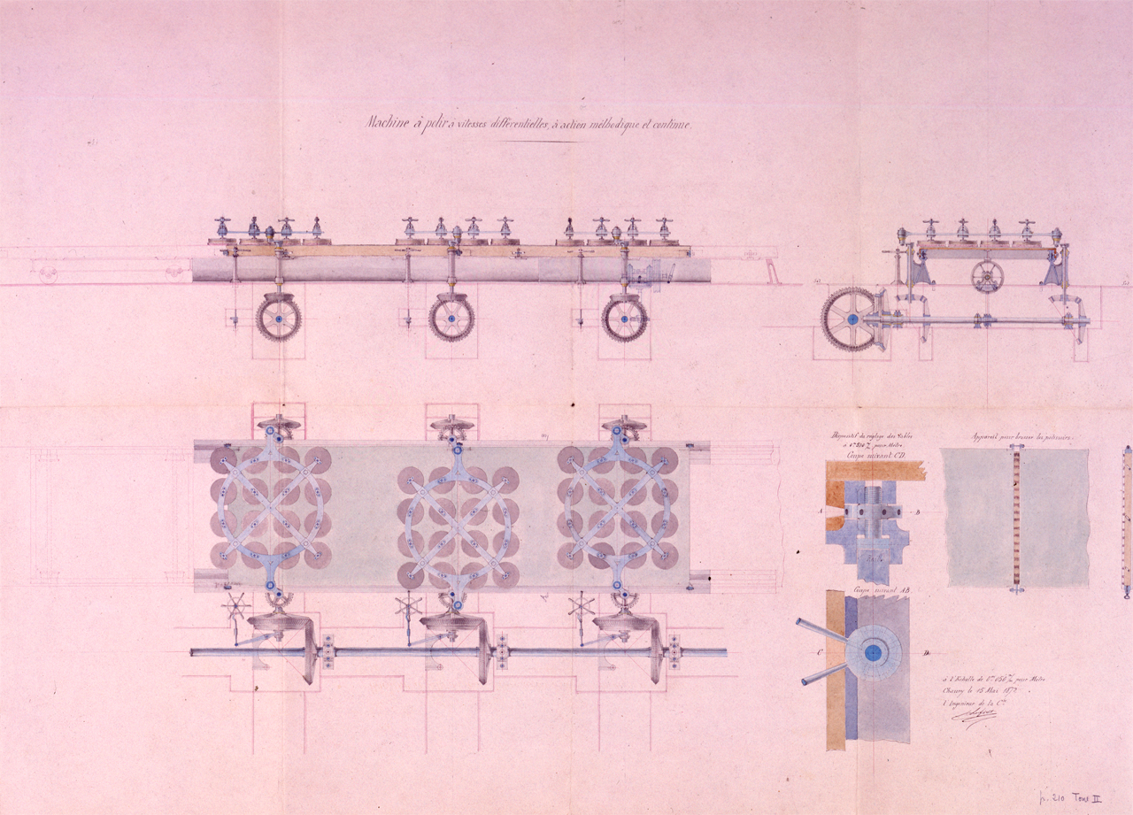 Plan de la machine à polir à vitesses différentielles, à action méthodique et continue, 15 mai 1872
