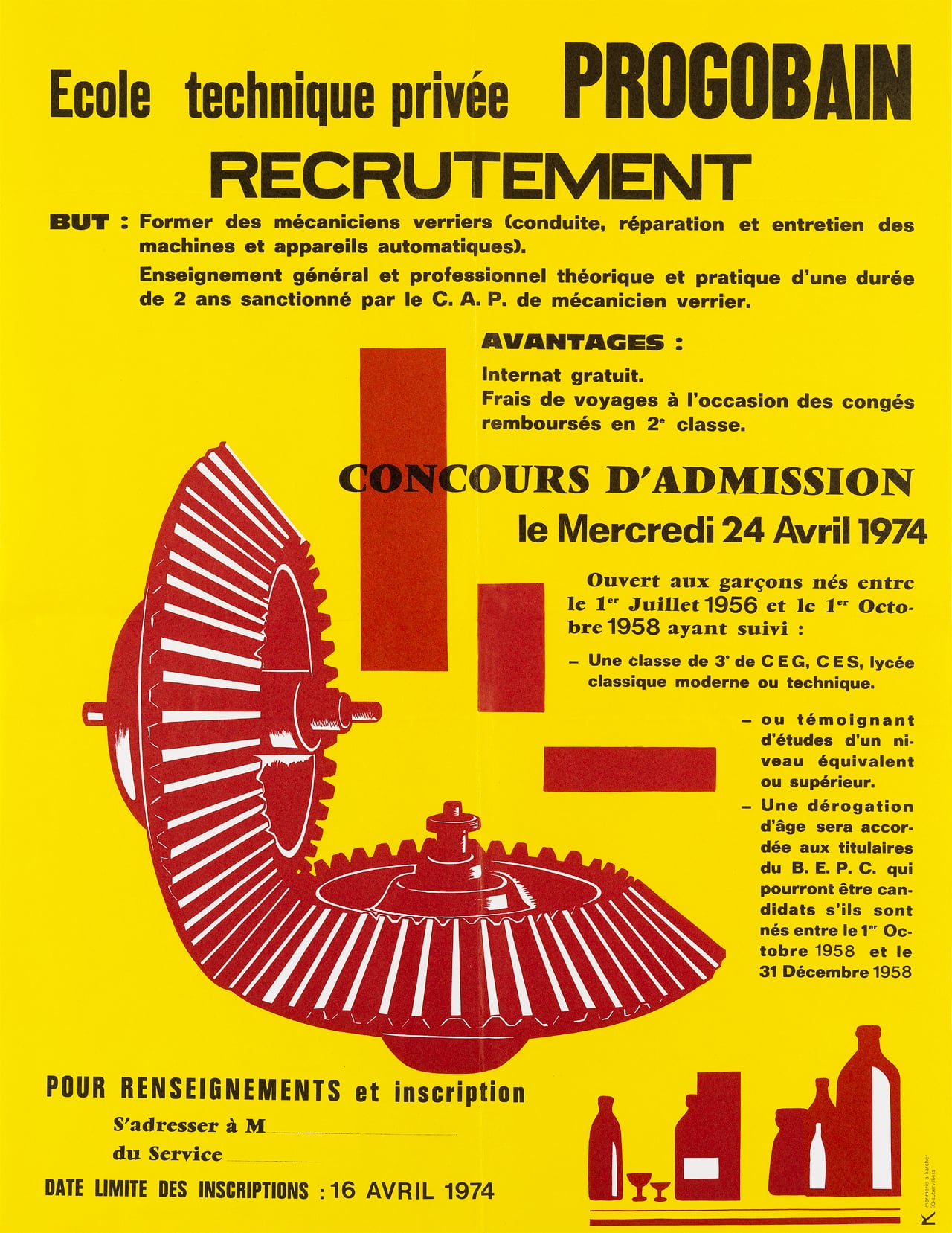 Affiche du concours d’admission à Progobain, 1974