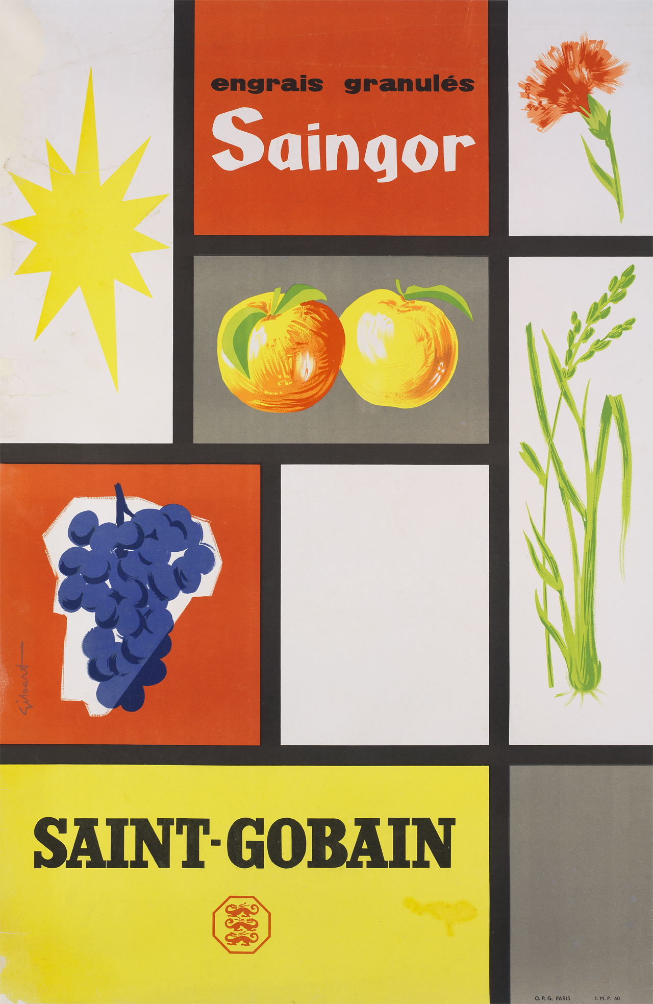 Affiche publicitaire pour les engrais granulés Saingor de Saint-Gobain inspirée des peintures abstraites de Mondrian, années 1950
