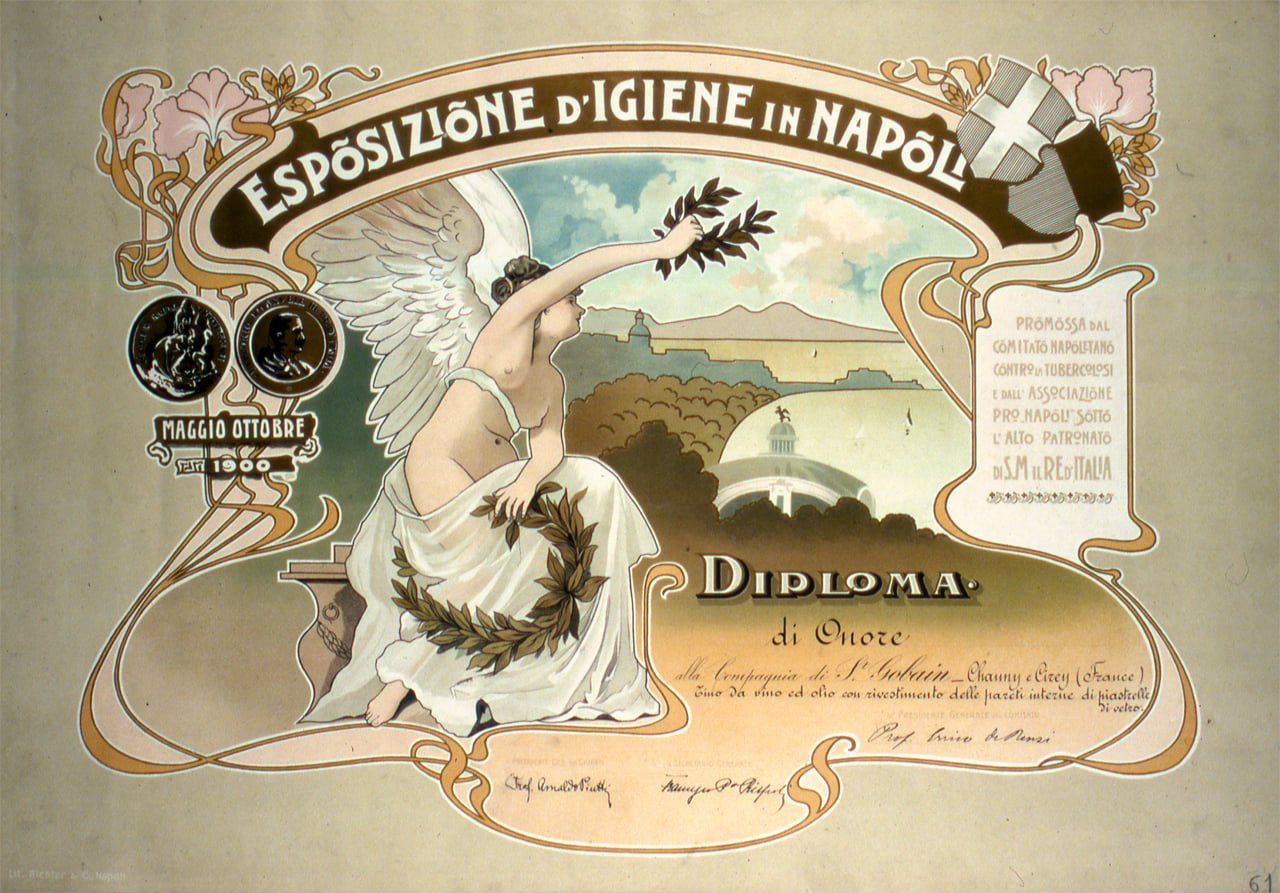 Diplôme décerné à la Compagnie de Saint-Gobain lors de l'Exposition d'Hygiène de Naples en 1900 : diplôme d'honneur