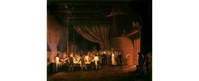 Visite de la duchesse de Berry à la glacerie de Saint-Gobain : coulage d'une glace en table, 1824