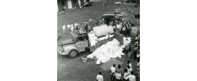 Opération Svartisen : déchargement et découpe du bloc de glace isolé de laine de verre arrivé à son arrivée au Gabon, 1959