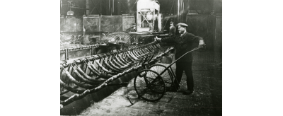 Usine de Chalon-sur-Saône dans les années 1920-1930 : chargement des manchons de verre à vitre fabriqués à partir du procédé American Window Glass