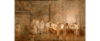 Coulée d’une glace à Saint-Gobain en présence du directeur Pierre Delaunay-Deslandes, dessin à la sanguine, fin du XVIIIe siècle