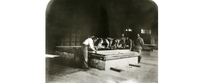 Découpe de la glace à la glacerie de Mannheim-Walhof, milieu du XIXe siècle
