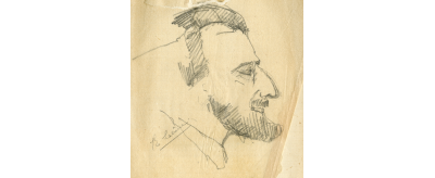 Portrait d'Edouard Benedictus dessiné sur une serviette en papier par E. Lalanne