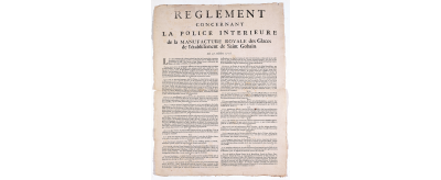 Règlement concernant la police intérieure de la Manufacture royale des glaces de l’établissement de Saint-Gobain, 27 octobre 1716