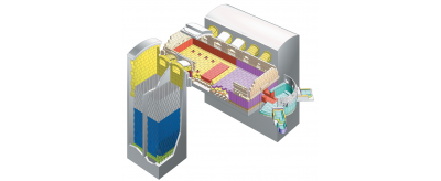 Image en 3D d’un four à verre plat représentant les différents types de réfractaires utilisés