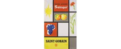 Affiche publicitaire pour les engrais granulés Saingor de Saint-Gobain inspirée des peintures abstraites de Mondrian, années 1950