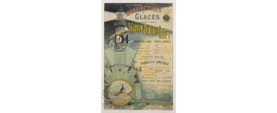 Affiche publicitaire de 1900 pour les produits verriers de Saint-Gobain : verres pour phares et optique, verres spéciaux et imprimés, verres moulés pour l'électricité