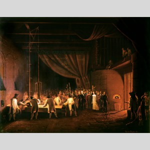 Visite de la duchesse de Berry à la glacerie de Saint-Gobain : coulage d'une glace en table, 1824