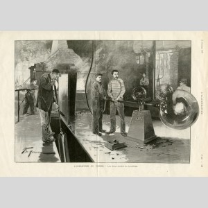 Les modes de soufflage semi-automatique et manuel : gravure extraite de"l'Illustration" du 31 octobre 1896