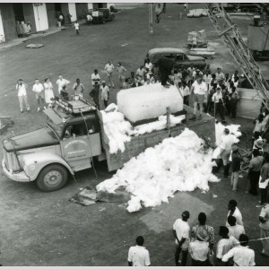 Opération Svartisen : déchargement et découpe du bloc de glace isolé de laine de verre arrivé à son arrivée au Gabon, 1959