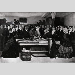 Visite de l'Empereur Napoléon III et de l'Impératrice Eugénie à la manufacture de Saint-Gobain en 1858 : démonstration de l'étamage des glaces. - Dessin Charles Landelle, lith. E. Lecadre & Cie