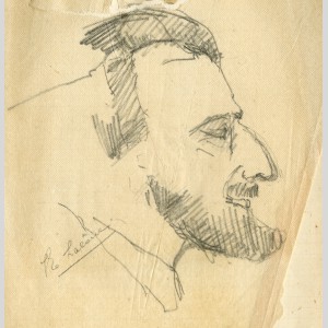 Portrait d'Edouard Benedictus dessiné sur une serviette en papier par E. Lalanne
