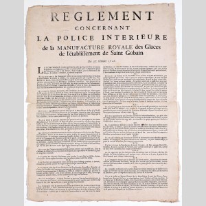 Règlement concernant la police intérieure de la Manufacture royale des glaces de l’établissement de Saint-Gobain, 27 octobre 1716