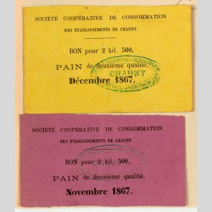Bons de pain de la Société coopérative de consommation des Établissements de Chauny, décembre 1867