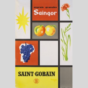 Affiche publicitaire pour les engrais granulés Saingor de Saint-Gobain inspirée des peintures abstraites de Mondrian, années 1950