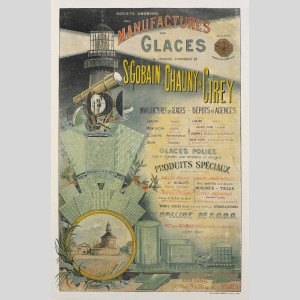 Affiche publicitaire de 1900 pour les produits verriers de Saint-Gobain : verres pour phares et optique, verres spéciaux et imprimés, verres moulés pour l'électricité