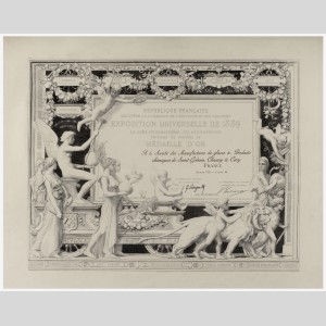 Diplôme décerné à la Compagnie de Saint-Gobain lors de l'Exposition Universelle de Paris en 1889 : groupe VIII, classe 49 : médaille d'or