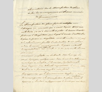 « Observations sur la Manufacture des glaces et sur les encouragemens qu’elle peut recevoir du Gouvernement », mémoire s.d. (vers 1792)